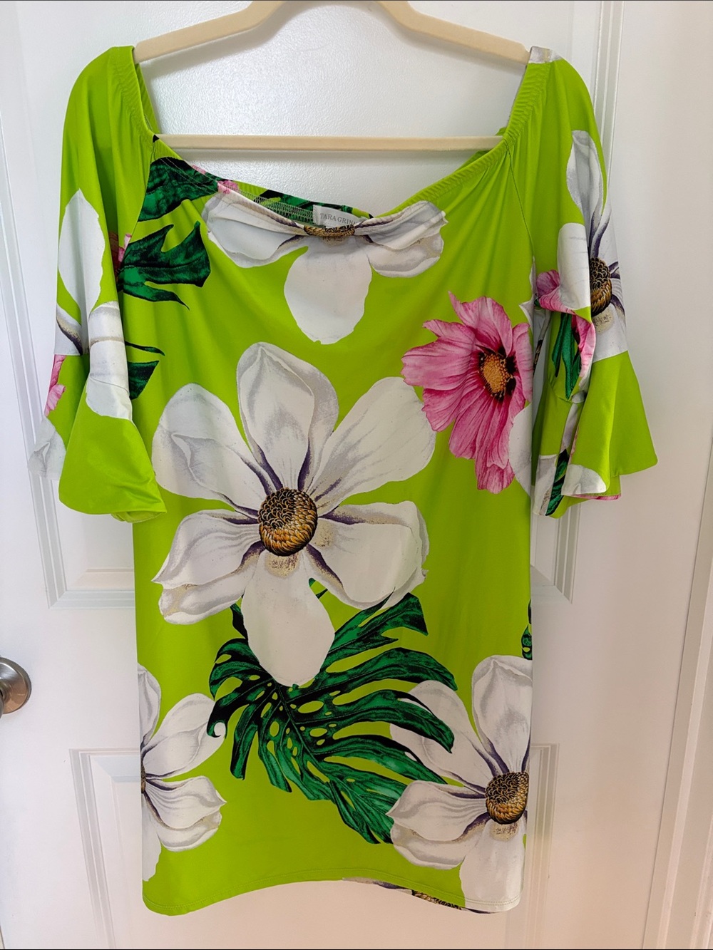Tara Grinna Lime Green Floral Off the Shoulder Dress